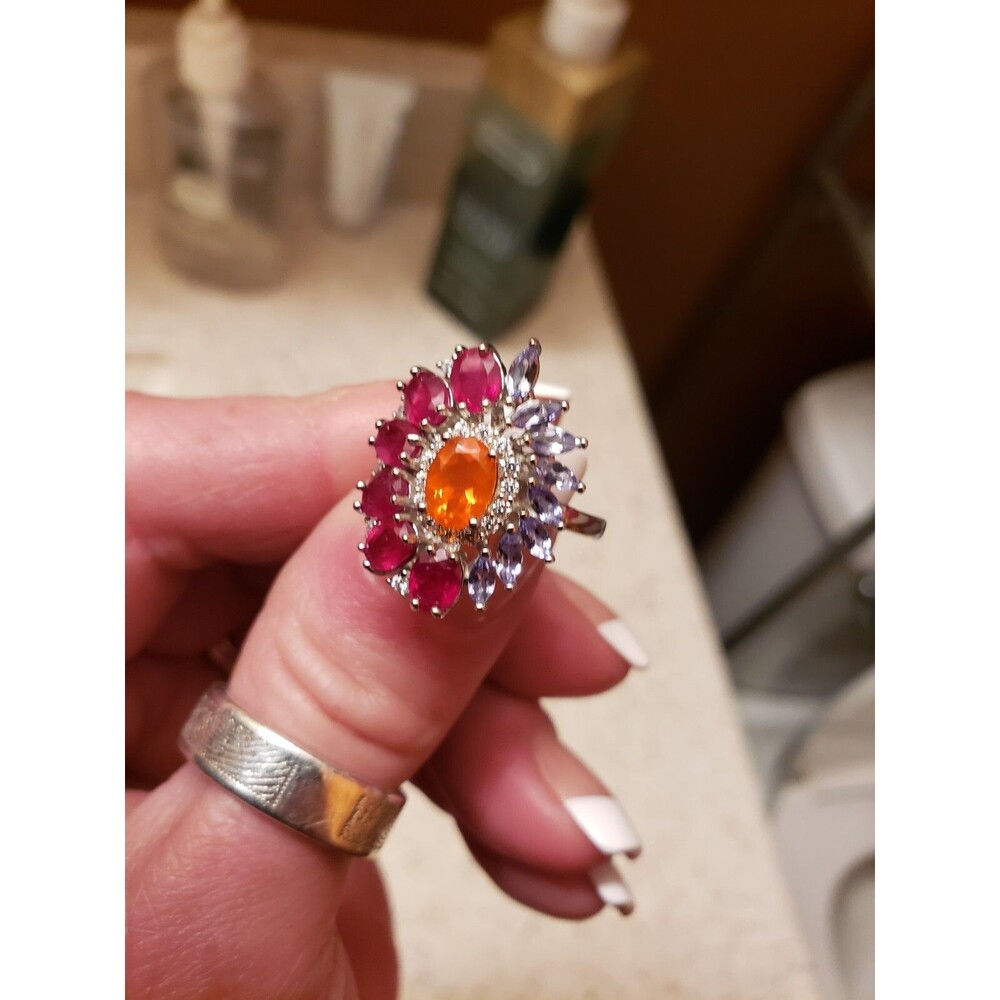Sterling Silver Ring Size:8.5 Clarity Enhanced Orange Opal Ruby Gemstones *NEW*